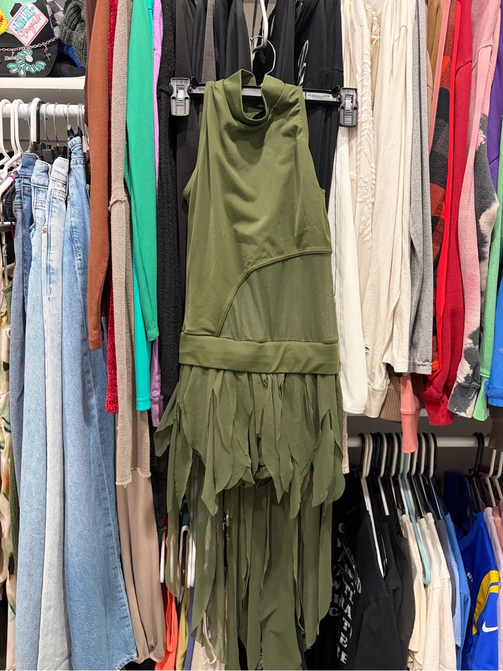 Olive Green Sleeveless Fringe Dress